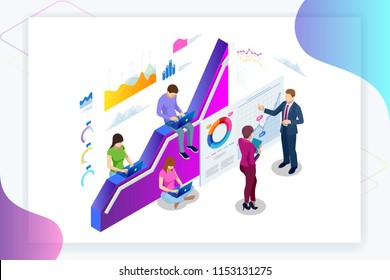 Isometric web banner Data Analisis and Statistics concept. Vector illustration business analytics, Data visualization. Technology, Internet and network concept. Data and investments.