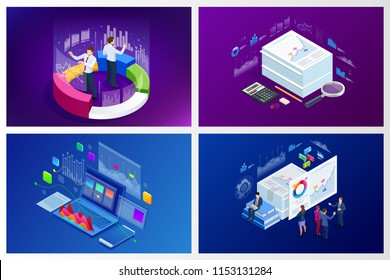 Isometric web banner Data Analisis and Statistics concept. Vector illustration business analytics, Data visualization. Technology, Internet and network concept. Data and investments.