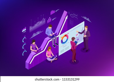 Isometric web banner Data Analisis and Statistics concept. Vector illustration business analytics, Data visualization. Technology, Internet and network concept. Data and investments.
