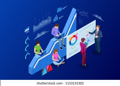 Isometric web banner Data Analisis and Statistics concept. Vector illustration business analytics, Data visualization. Technology, Internet and network concept. Data and investments.