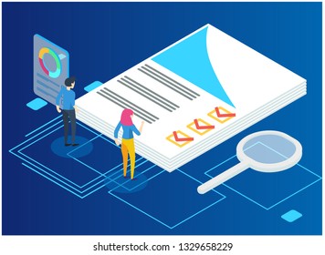 Isometric web banner Data Analisis and Statistics concept. Vector illustration business analytics, Data visualization. Technology, Internet and network concept. Data and investments. - Vector