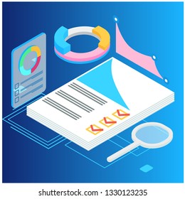 Isometric web banner Data Analisis and Statistics concept. Vector illustration business analytics, Data visualization. Technology, Internet and network concept. Data and investments. - Vector