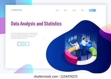 Isometric web banner Data Analysis and Statistics concept. Vector illustration business analytics, Data visualization. Technology, Internet and network concept. Data and investments.