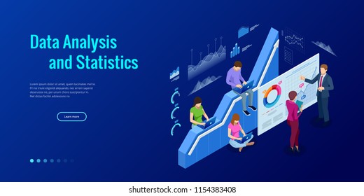 Isometrisches Webbanner Data Analysis and Statistics Konzept. Geschäftsanalyse von Vektorgrafik, Datenvisualisierung. Technologie, Internet und Netzkonzept. Daten und Investitionen.