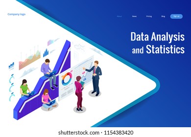 Isometric web banner Data Analysis and Statistics concept. Vector illustration business analytics, Data visualization. Technology, Internet and network concept. Data and investments.