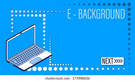 isometric web banner for e-commerce, distance education. The basis for a layout or template. Notebook in contrasting colors. White and blue vector