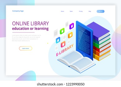 Isometric web banner E-learning online, library online concept. Landing page template. Modern design for a web page.