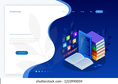 Isometric web banner E-learning online, library online concept. Landing page template. Modern design for a web page.