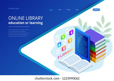 Isometric web banner E-learning online, library online concept. Landing page template. Modern design for a web page.