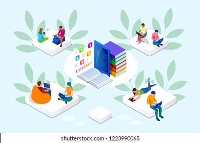 Isometric web banner E-learning online, library online concept. Landing page template. Modern design for a web page.