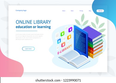 Isometric web banner E-learning online, library online concept. Landing page template. Modern design for a web page.
