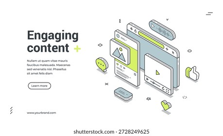 Isometric web banner for engaging content creation. Vector illustration template with browser windows, social media interface for digital marketing, blogging and smm promotion