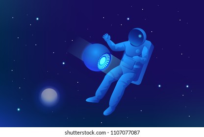 Isometric web banner of explore the world of space concept. Astronaut in outer space, discovery. Vector illustration