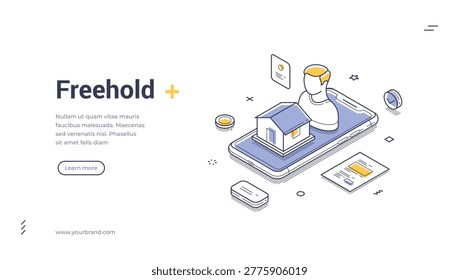 Isometric web banner for freehold property ownership. Real estate mortgage and house investment vector illustration. Modern template for landing page, website, business presentation