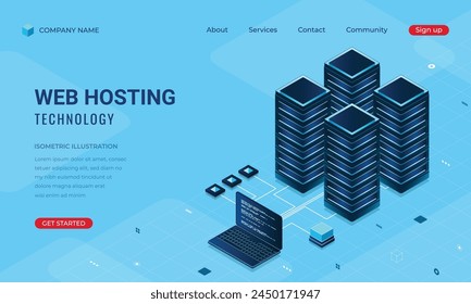 Isometric web banner hosting technology. Computing cloud and connections. Web hosting concept. Landing page template design. Modern vector illustration