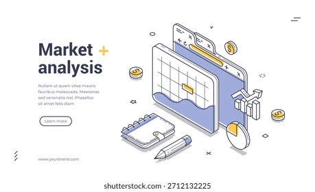 Isometric web banner for market analysis and business research. Vector illustration with data charts, graphs, and folder. Modern web template for financial strategy and data visualization concept