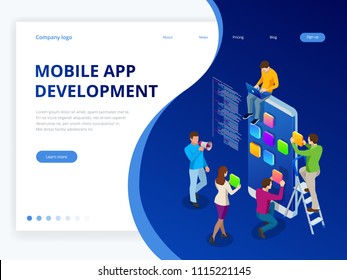 Isometric web banner mobile app development concept. Mobile technology operating system creative process visualization. User experience.