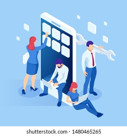 Isometric web banner mobile app development concept. Mobile technology operating system creative process visualization. User experience.