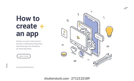 Anuncio de Web isométrico para la creación de App móviles. Plantilla de Ilustración vectorial con smartphone y herramientas de desarrollo. Landing page moderno para el diseño de software, el proceso de codificación y la construcción de interfaces de usuario