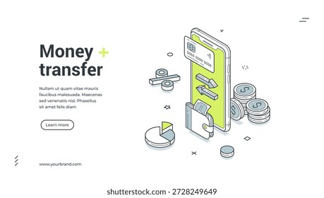 Isometric web banner for money transfer and online payment. Vector illustration template with smartphone, credit card and wallet for mobile banking and financial transaction