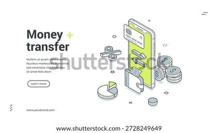 Isometric web banner for money transfer and online payment. Vector illustration template with smartphone, credit card and wallet for mobile banking and financial transaction