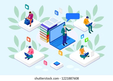 Isometric web banner online training or education and Internet training courses concept. Landing page template. Modern design for a web page.