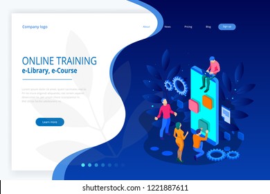 Isometric web banner online training or education and Internet training courses concept. Landing page template. Modern ultraviolet design for a web page.