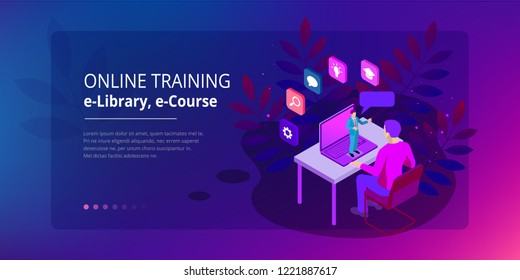 Isometric web banner online training or education and Internet training courses concept. Landing page template. Modern ultraviolet design for a web page.