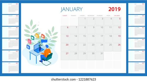 Isometric web banner online training or education and Internet training courses concept. 2019 calendar template.