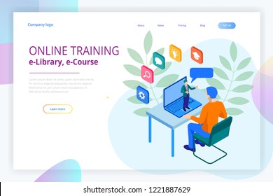 Isometric web banner online training or education and Internet training courses concept. Landing page template. Modern design for a web page.