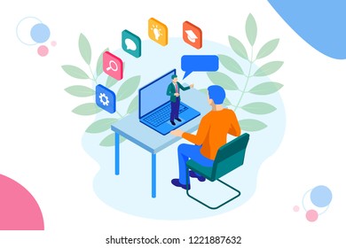 Isometric web banner online training or education and Internet training courses concept. Landing page template. Modern design for a web page.