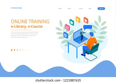 Isometric web banner online training or education and Internet training courses concept. Landing page template. Modern design for a web page.