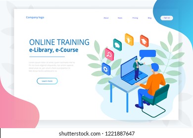 Isometric web banner online training or education and Internet training courses concept. Landing page template. Modern design for a web page.