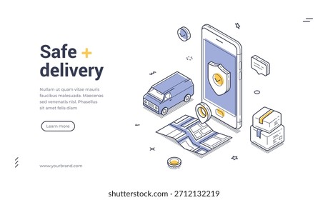 Anuncio de Web isométrico para un servicio de entrega seguro. Plantilla de Ilustración vectorial con smartphone, mapa y furgoneta. Página de destino moderna para el seguimiento de la logística y el envío de pedidos en línea