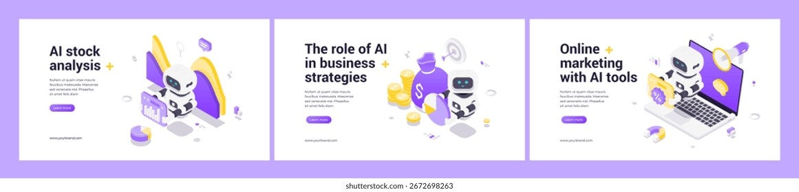 Isometric web banner set with AI robot analyzing stock market data, driving business strategy development, and enhancing online marketing with advanced digital tools and analytics.