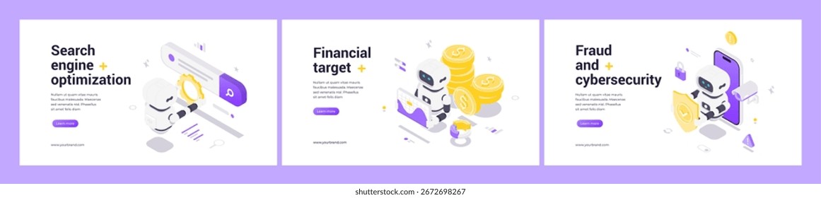Isometrisches Web-Banner-Set mit KI-Roboter für Suchmaschinenoptimierung, finanzielle Wachstumsziele, Betrugsprävention, Cybersicherheit, Datensicherheit, futuristische digitale Innovation.