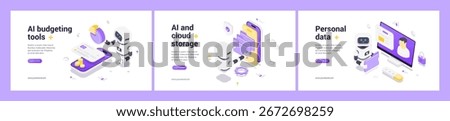 Isometric web banner set featuring AI robot for budget tools, cloud data management, and personal data security with futuristic digital technology and automated protection elements.