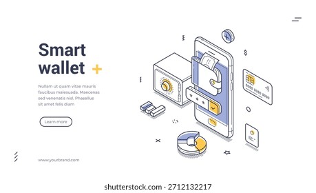 Anuncio de Web isométrico para monedero inteligente y pagos seguros. Ilustración vectorial Plantilla con teléfono móvil y caja fuerte. Landing page moderno para finanzas digitales y comercio electrónico