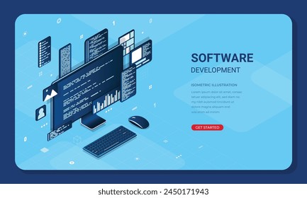 Isometric web banner software development. Program code on computer screen. Landing page template design. Programming in isometric illustration