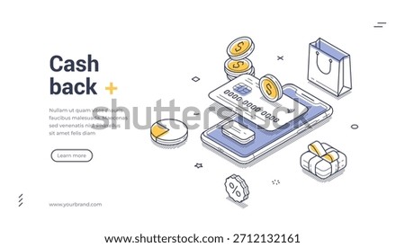 Isometric web banner template for cash back service. Vector illustration with smartphone, credit card, coins. Modern concept for loyalty programs, online shopping rewards, and digital payment