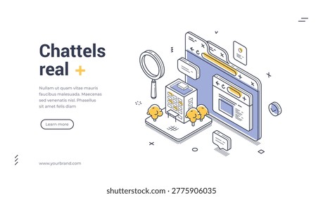 Isometric web banner template for chattels real and property search. Real estate business vector illustration. Use for landing page, website, online service, legal presentation, marketing