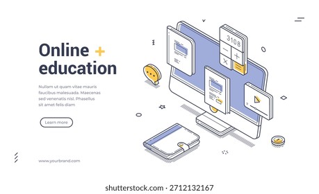 Plantilla de Anuncio de Web isométrico para la educación en línea. Ilustración vectorial de un ordenador con iconos educativos. Concepto moderno para e-learning, cursos a distancia y adquisición de conocimientos en línea