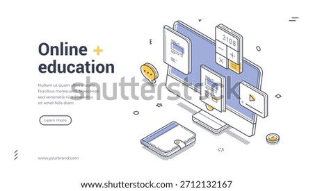 Isometric web banner template for online education. Vector illustration of a computer with educational icons. Modern concept for e-learning, distance courses, and knowledge acquisition online