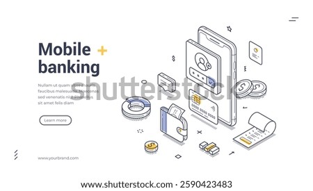 Isometric web banner template showcases mobile banking features with illustrative elements like a smartphone, payment icons, and financial documents. Ideal for tech and finance presentations.