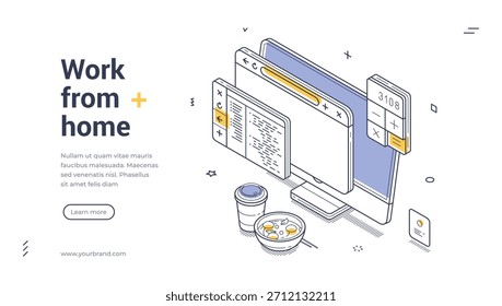 Banner de web isométrico para o trabalho em casa. Modelo de ilustração vetorial para trabalho remoto e freelance. Página inicial moderna com computador, código e comida para negócios on-line e start-up