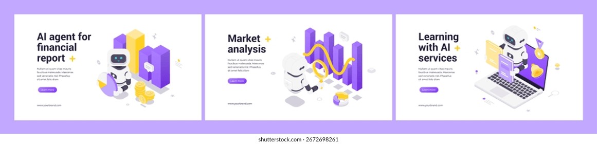 Isometric web banners featuring AI robot for financial reports, market trend analysis, and AI-driven learning services with digital data visualization and futuristic technology elements.