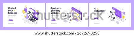 Isometric web banners featuring AI robots managing finances, business planning, and technology integration with digital interfaces and modern automated solutions for future-ready businesses.