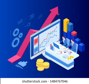 Isometric web business concept of financial administration, accounting, analysis, audit, financial report. Auditing tax process. Documents, graphics, charts, planner, calendar, report.