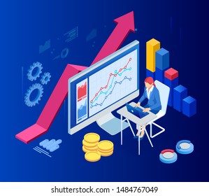 Isometric web business concept of financial administration, accounting, analysis, audit, financial report. Auditing tax process. Documents, graphics, charts, planner, calendar, report.
