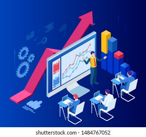 Isometric web business concept of financial administration, accounting, analysis, audit, financial report. Auditing tax process. Documents, graphics, charts, planner, calendar, report.